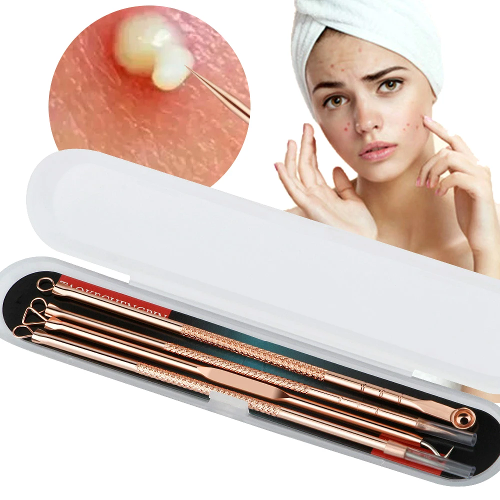 

Rose Gold 4pcs Blackhead Comedone Acne Patch Pimple Extractor Remover Spoon Face Skin Care Black Head Remover Tool Facial Clean