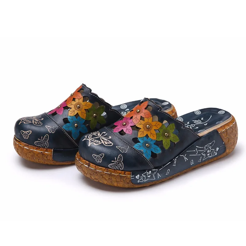Cena BEYARNE prawdziwej skóry buty kwiat kapcie ręcznie robione slajdy Flip Flop na platformie chodaki dla kobiet kobieta kapcie Plus rozmiar
