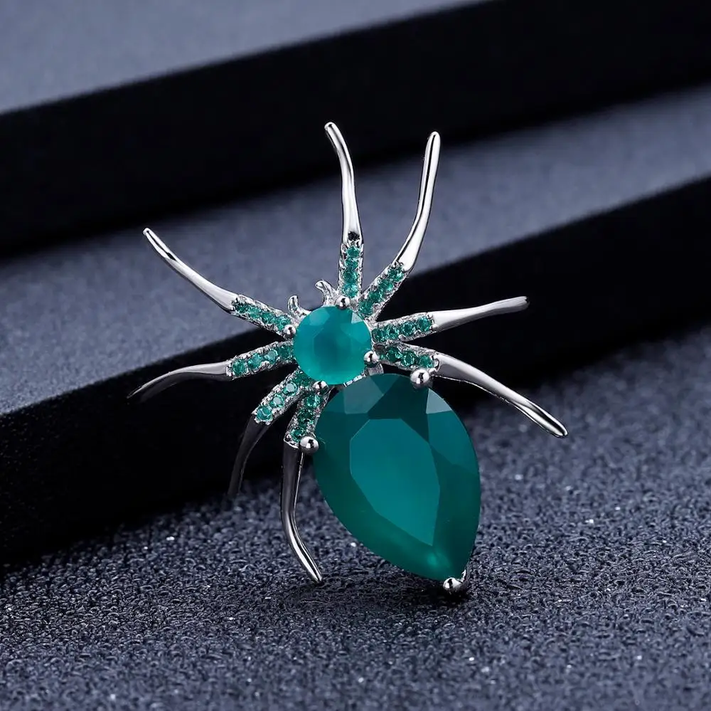 

GEM'S BALLET Natural Green Agate Gemstone Brooch 925 Sterling Sliver Personality Handmade Spider Brooches For Women Fine Jewelry