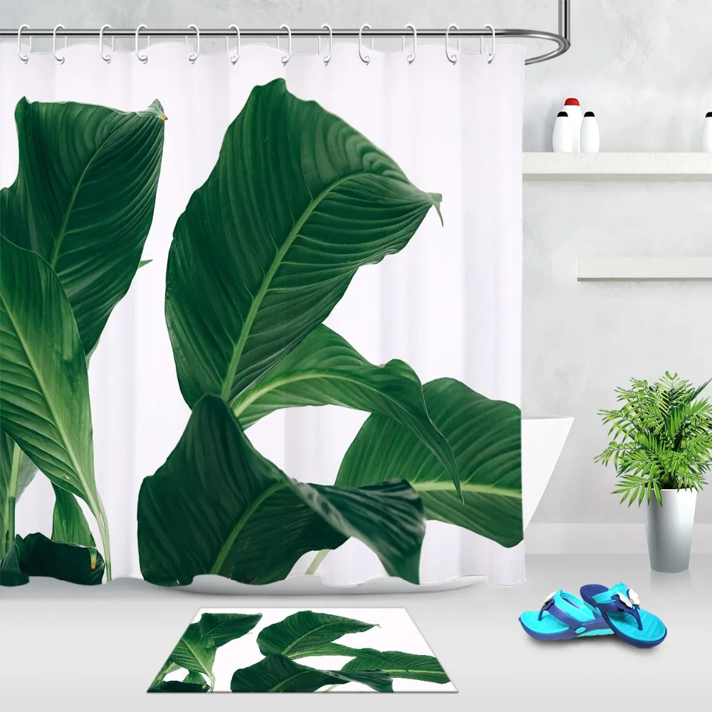 Lb Green Banana Leaf Shower Curtain And Bath Mat Set White Eco Friendly Waterproof Polyester Bathroom Fabric For Bathtub Decor Aliexpress