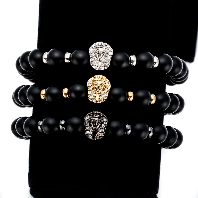 Hyung Pune Elastic Mens Beaded Bracelet 8mm Natural Stone Micro Pave