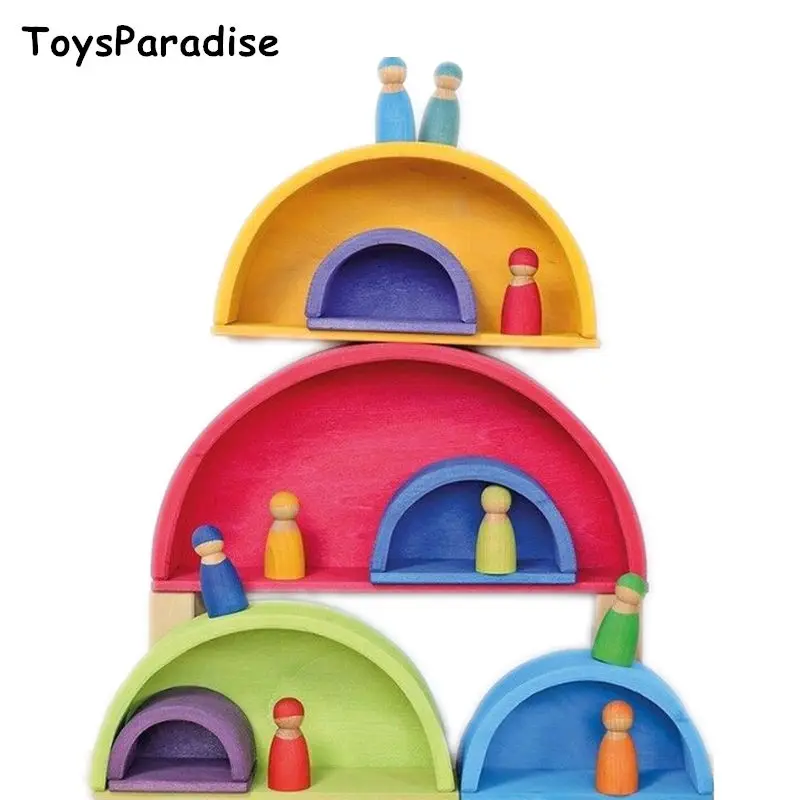 Baratos ToysParadise grandes bloques de arco iris bloques de construcción de semicírculo tablero Rectangular Pegdolls geométricos juguetes de madera para la educación de los niños