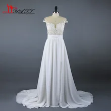 Liyatt 2018 New Cheap Wedding Dresses Elegant Transparent Neck Open Back Sweep Train Chiffon Summer Bridal Gown Custom Made