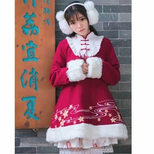 Так Милый Винтажный китайский стиль зимний женский толстый Сакура Цветочный Вышивка пушистый мех шерстяное пальто Длинная красная верхняя одежда пальто с бантом