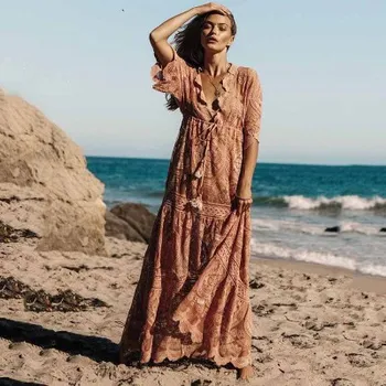 

2019 summer hot pink lace dress loose elastic waist thin sleeves big swing beach holiday