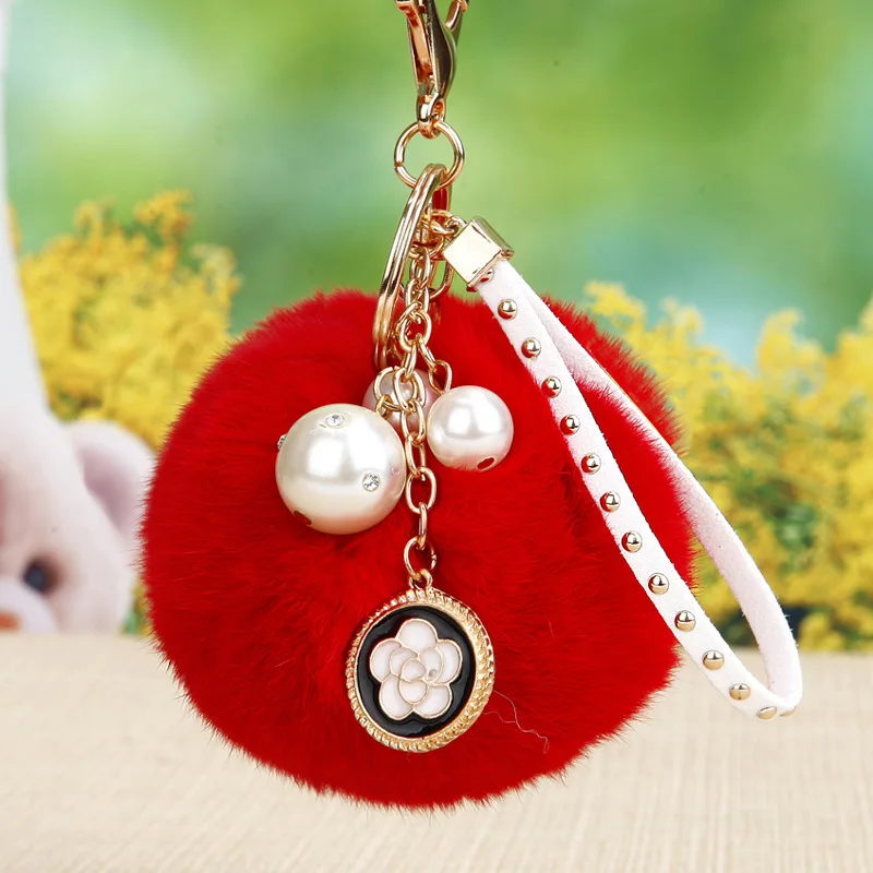 

8cm Fluffy Rabbit Fur Ball Keychain Pearl Tassel Tag Flowers Fur Pompom Keychain Porte Clef Pompom De Fourrure Pompon Keyring