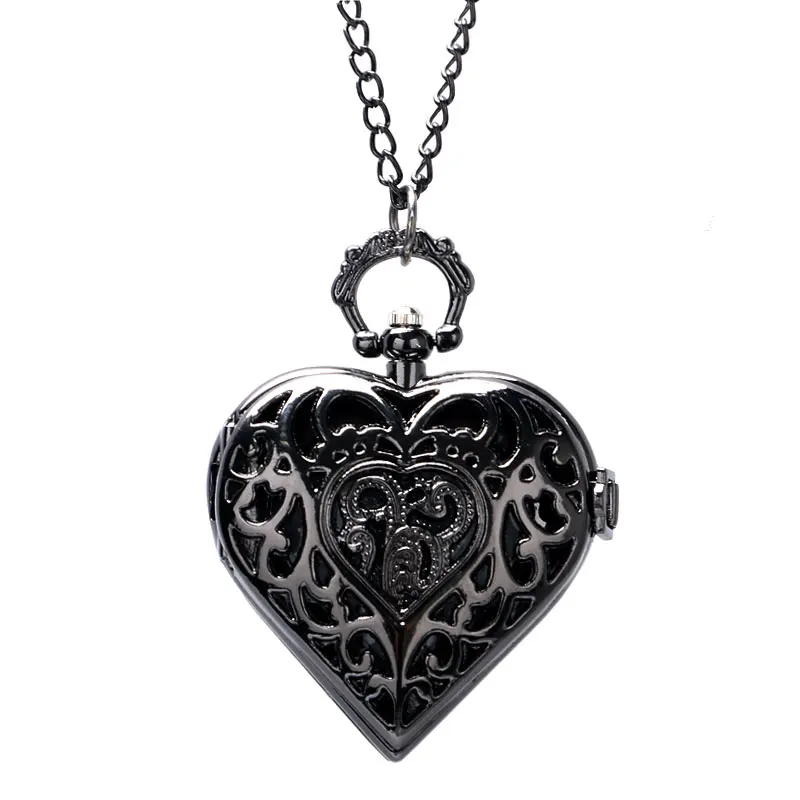 

Steampunk Charm Dark Black Heart Shape Hollow Design Quartz Pocket Watch Necklace Pendant Chain Womens Ladies Girl Lovely Gifts