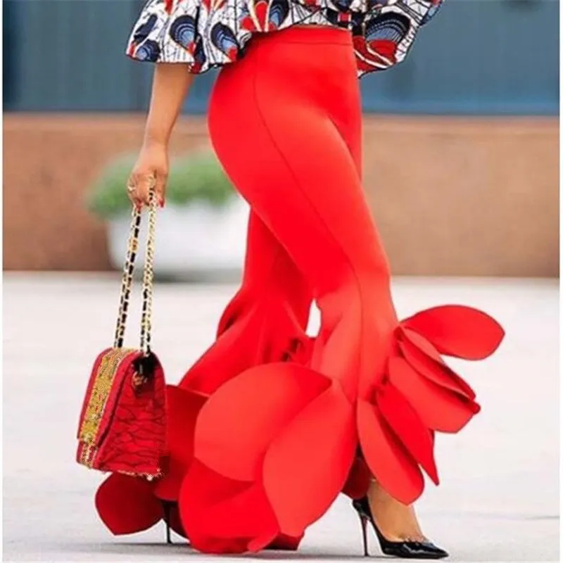 أزياء النساء السراويل Bodycon متوهج السراويل الكشكشة مكتب السيدات الصيف بنطال ملاصق للجسم الصلبة جرس قيعان عارضة أنيقة السراويل
