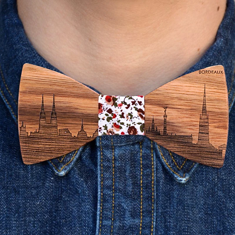 Мужские галстуки бабочки Zebra Wood деревянные с орнаментом из бордового дерева noeud