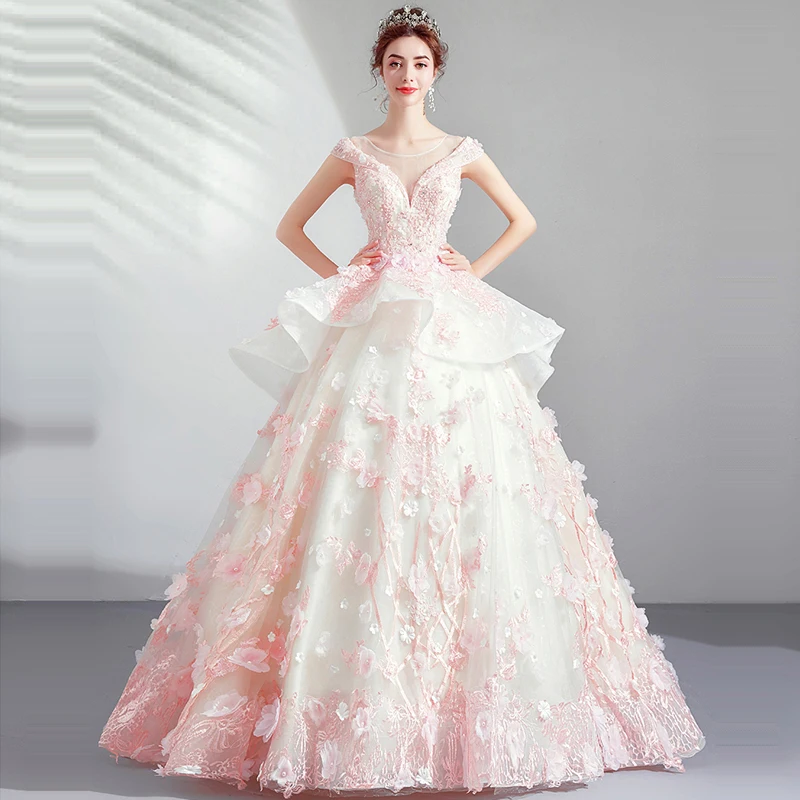 

Wedding Dress Pink Sexy Boat Neck Sleeveless Wedding Dresses Elegant Crystal Plus Size Embroidery Vestido De Novia 2019 E605