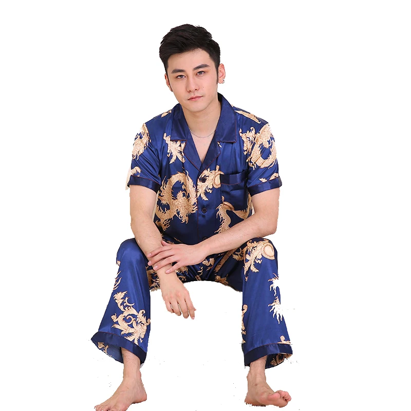 Китайский традиционный принт Дракон пижамный комплект для мужчин 2 шт. короткий рукав и короткие штаны Pijamas свободные район пижамы размеры
