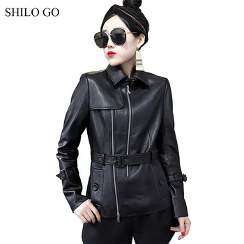 

SHILO GO Leather Jacket Womens Spring Fashion sheepskin genuine leather coat lapel collar England belt slim locomotive jacket