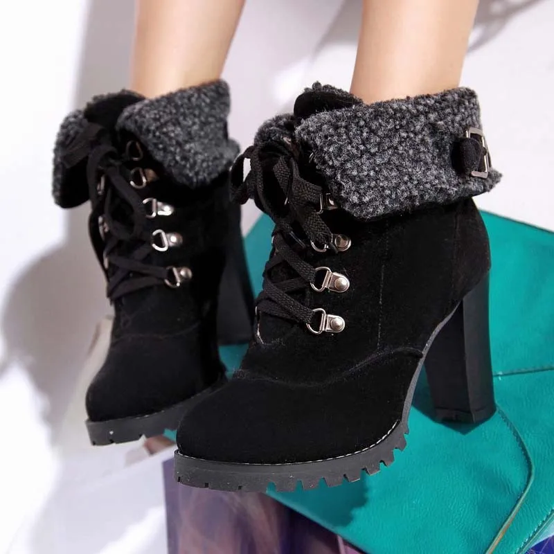 Enmayer/Женская обувь, модные женские ботильоны на высоком каблуке, зимние ботинки на шнуровке, туфли-лодочки на платформе, сохраняющие тепло