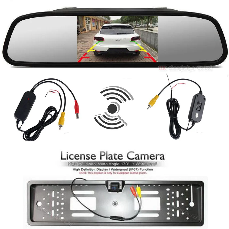 

2.4Ghz Wireless Set to Connect 5 Inch Car Rear View Monitor and Europe License Plate Frame Rearview Backup Reverse Camera