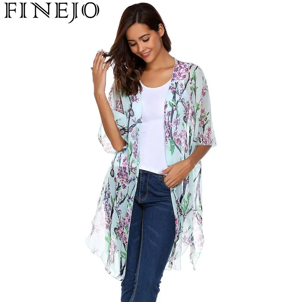 FINEJO Loose 3/4 Flare Sleeve Floral Print Sheer Chiffon Women Kimono