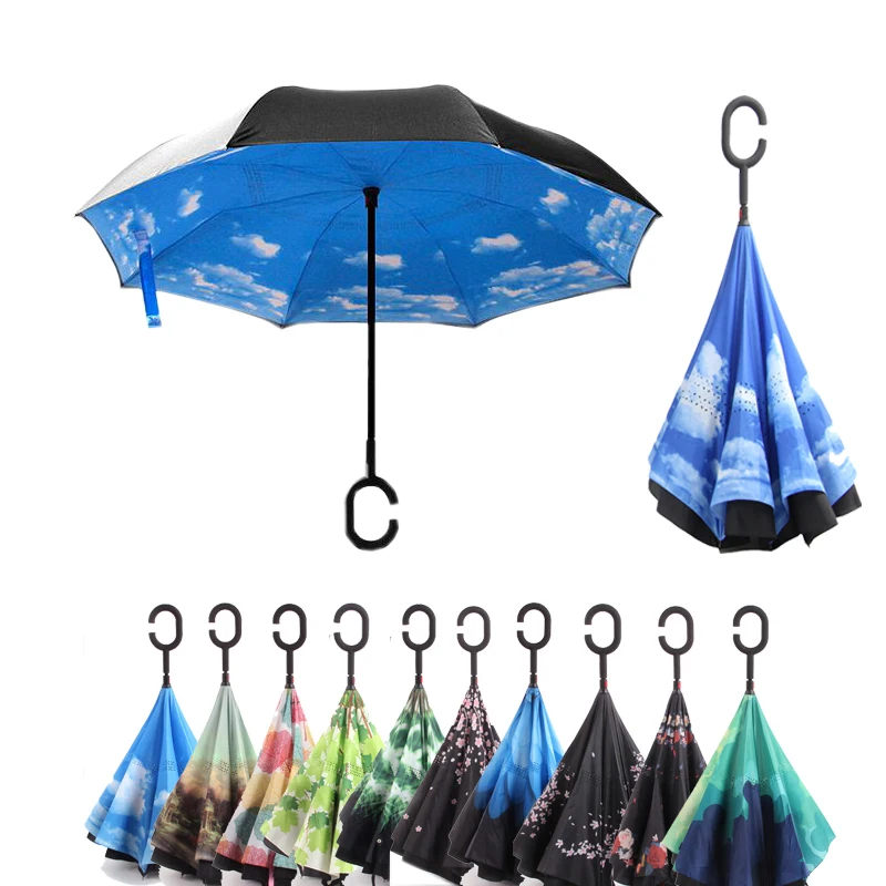 

Reverse Umbrella Folding Double Layer Inverted Windproof C Handle Windproof Rain Car Umbrellas For Women Rain Gear