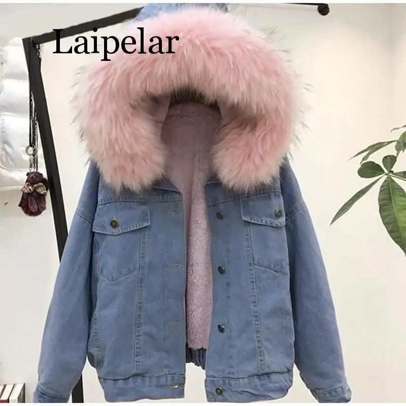 discount  Women Jean Jacket Winter Thick Jean Jacket Faux Fur Collar Fleece Hooded Denim Coat Female Warm Den