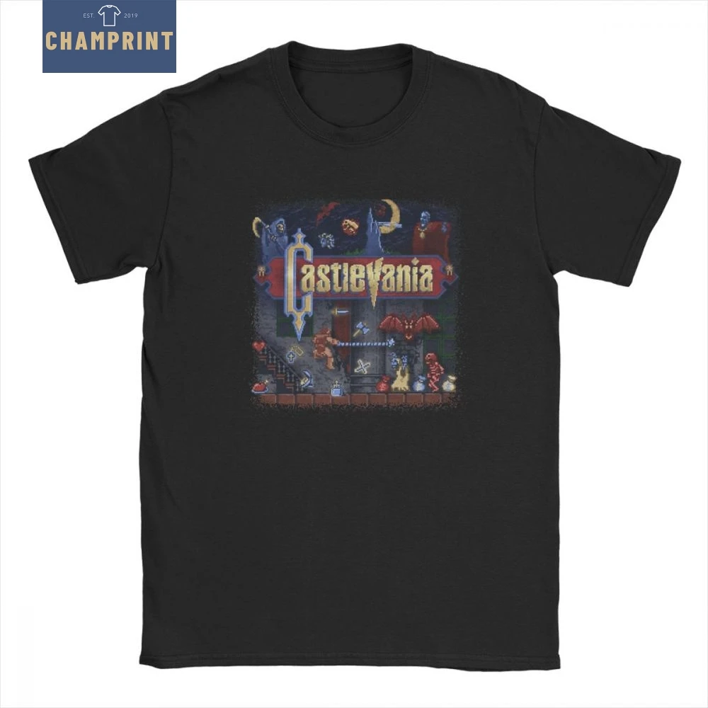 

Men T-Shirt Castlevania T Shirt Vintage 100% Cotton Tee Shirt Short Sleeve Vampires Horror Hunting 70s 80s Video Game Anime Tops