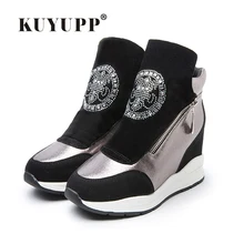 Women Boots Wedges Hide Heels Rhinestone Genuine Leather Boots Platform High Top Ankle Boots Double Zips Ladies Shoes Gold DX155