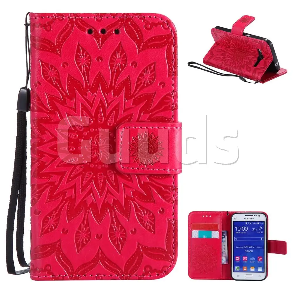 Embossing Sunflower Leather Wallet Case for Samsung Galaxy Core Prime G360 - Red