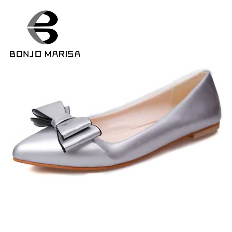 

BONJOMARISA Bowtie Knot Spring Autumn Elegent Solid Gray Flats Pointed Toe Shallow slip-on Women All Macthes Shoes Size 35-40