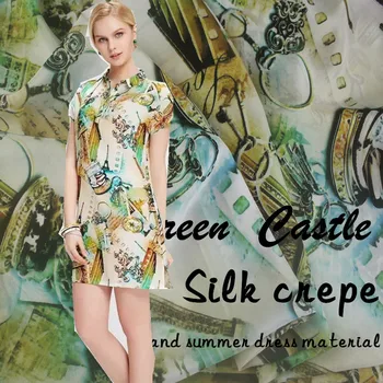 

140cm wide 16mm 100% silk fabric silk double crepe green castle digital inkjet skirt clothes fabric