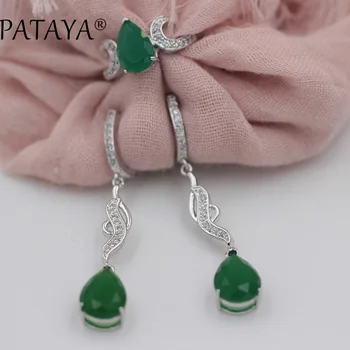 

PATAYA Women Wedding Fine True White Gold Jewelry Green Water Drop Natural Zirconia Long Earrings Ring Sets RU Hot Multicolor