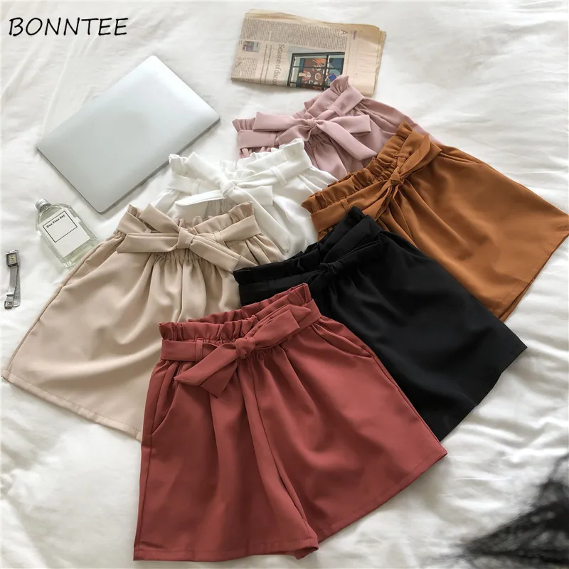 

Shorts Women Trendy Lovely Bow Drawstring Simple Leisure Womens Temperament Elastic Female Solid Breathable New Summer Literary