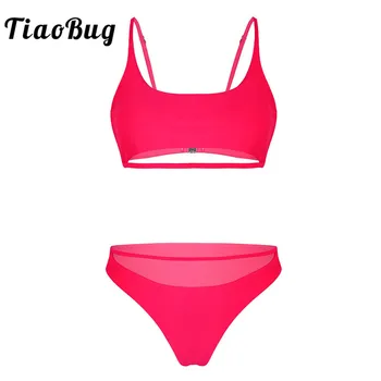 

TiaoBug Women Fashion Solid Color Two-piece Swimsuit Strappy Padded Bra Top with Thong Briefs Bikini Set Swimwear Bathing Suit