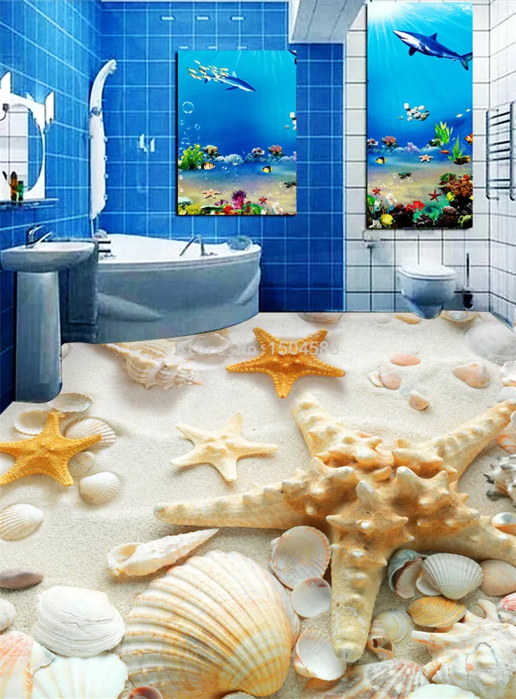 Suelo de vinilo para baño, conchas de playa, baño de playa, arte 3D,  pintura de suelo a suelo, papel pintado de suelo de lujo