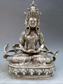 

8" China Tibet hand-made silver carved fine four face Buddha sculpture Statue