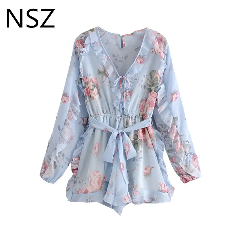 

NSZ Women Chiffon Ruffles Playsuits Long Sleeve Deep V Neck Beach Summer Ropers with Belt Overalls