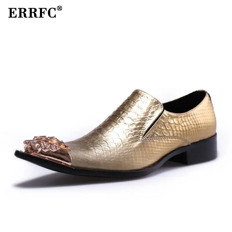 

ERRFC Luxury Men's Gold Dress Shoes British Designer Metal Toe Slip On Silver Leather Shoes Python Snake Pattern Party Shoes Man