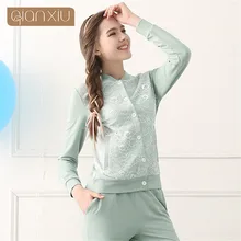 Женский весенний Модный кардиган с длинными рукавами, пижамы из модала, костюмы можно носить на улице, спортивный костюм Qianxiu 1601