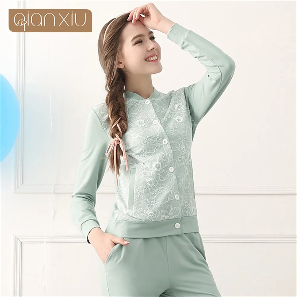 

2019 Brand New Women Spring Fashion Cardigan Long-Sleeved Modal Pajamas Suits Can Be Worn Out Tracksuit Qianxiu 1601