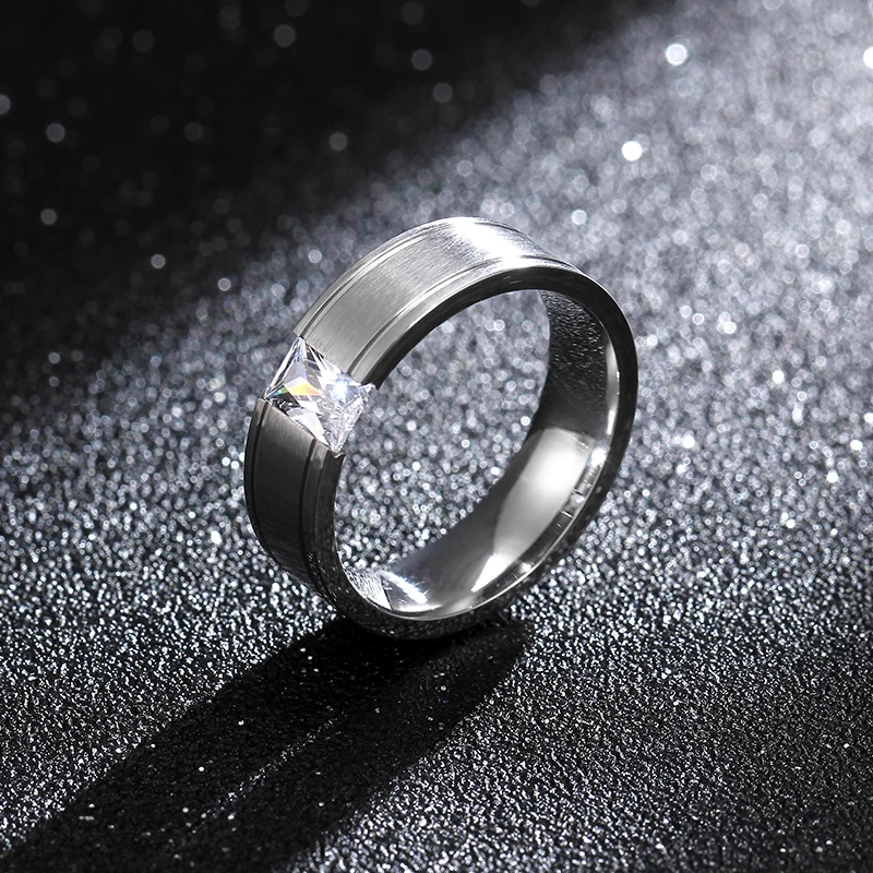

LBS 6mm Stainless Steel Solid Zircon Ring Engagement Wedding Charm Rings Men Women