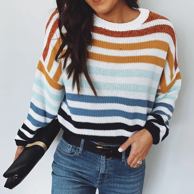 Многоцветный Полосатый свитер женский пуловер вязаный свитер повседневный уличный свободный свитер с длинными рукавами женский джемпер