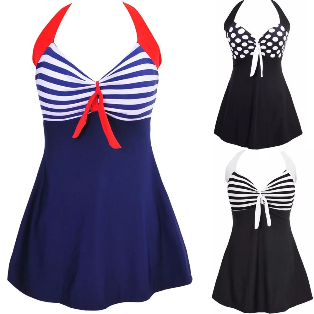 Sexy Plus Size Stripe Padded Halter Skirt Swimwear Women One Piece