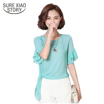 

Women Blouses 2019 Summer Short Sleeve Chiffon Blouse Summer Women Chiffon striped Blusas Short Sleeve Bow Female Blouse 10H 30
