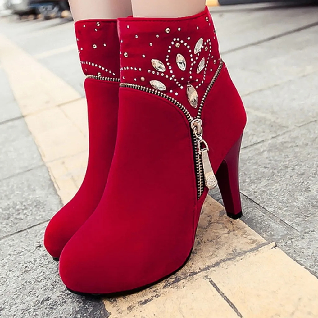 Женские ботинки на высоком каблуке с кристаллами; коллекция года; красные ботильоны для женщин из флока на молнии; ботинки на платформе с круглым носком; Botines Mujer