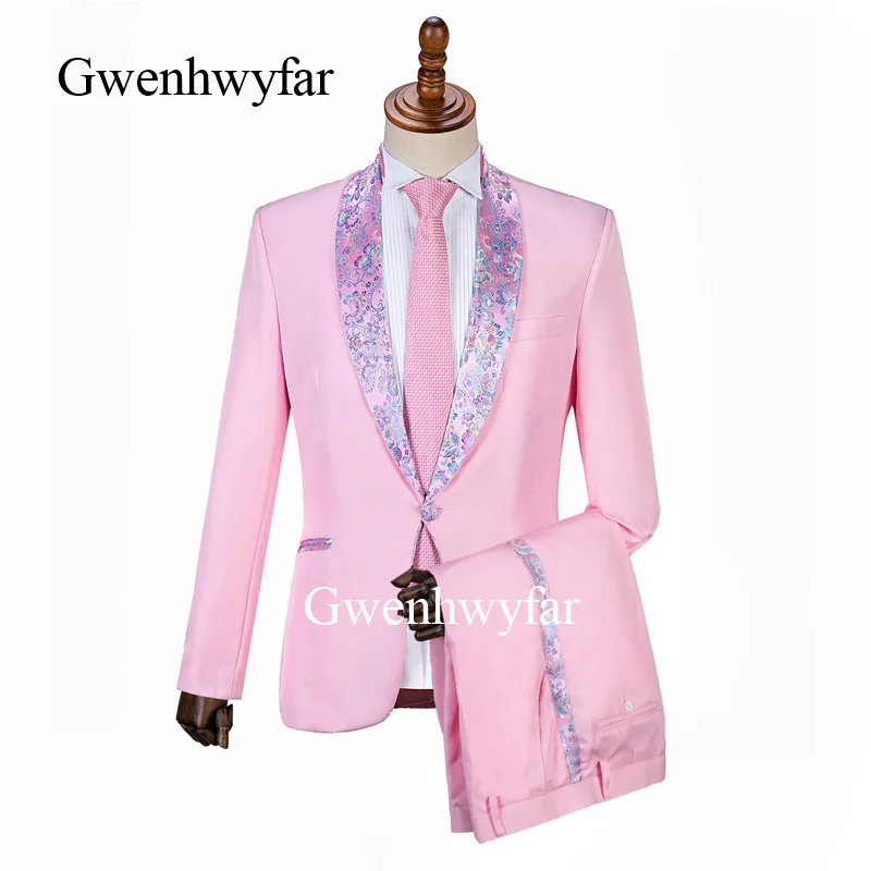 Gwenhwyfar декорированные розовые мужские костюмы 2019 цветочный узор шаль лацкан