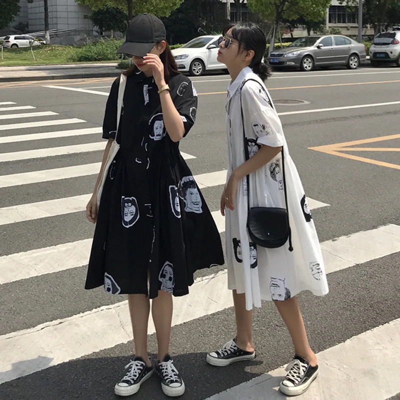 

2019 Summer Clothes Women's Clothing Ulzzang Loose Thin Women Dresses Cartoon Printing Long Section Cute Dresses