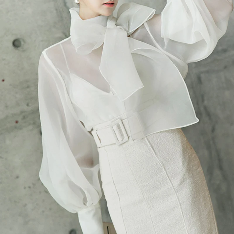 [MENKAY] элегантные женские топы и блузки с рукавами-фонариками и шнуровкой больших размеров, женские рубашки, осень, модная новинка