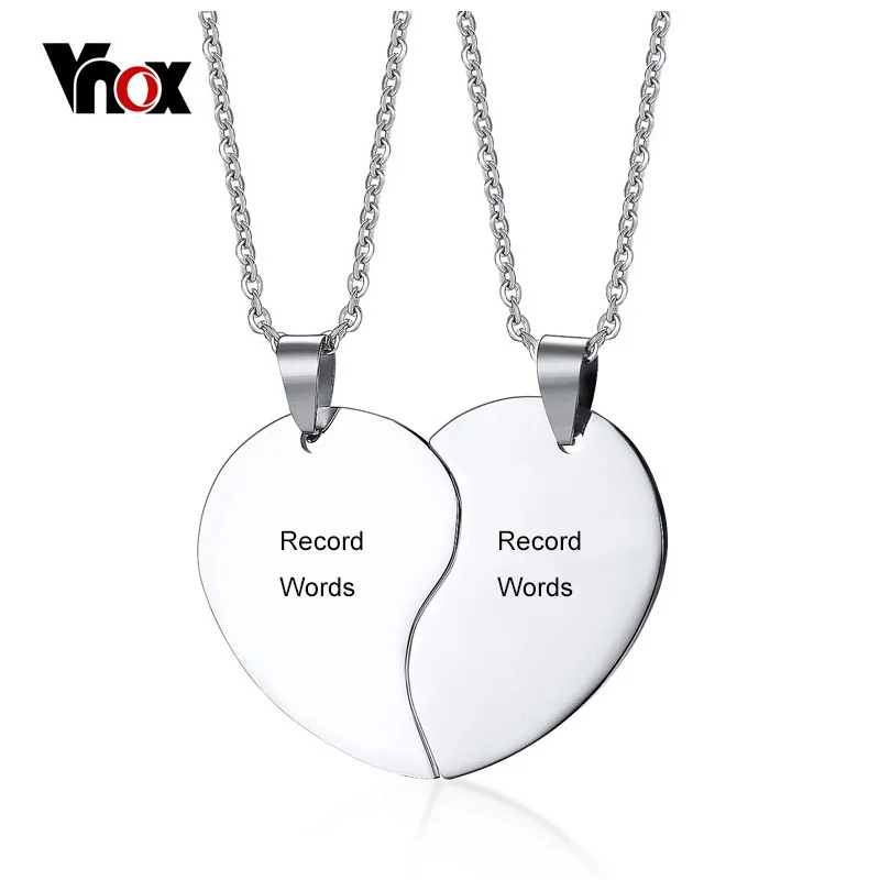 Vnox Heart Love Necklaces for Couples Silver Color Stainless Steel Customized Named Promise 