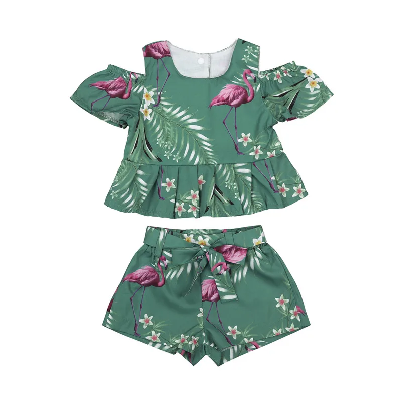 

Toddler Kids Baby Girls Clothes Sets Fashion Summer Flamingo 2Pcs Floral Shoulderless T-shirts Tops Bow Belt Shorts Sets 6M-4Y