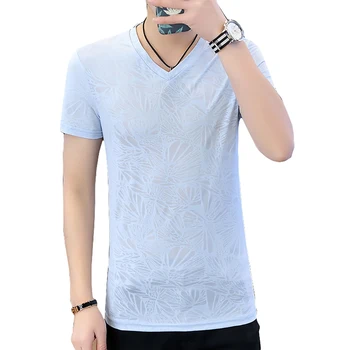 

New Summer Tshirt Men Print Slim Fit Sexy Male Mesh Transparent Ice Silk Mens Top Seamless Pink Paisley Print t-Shirt Men v-Neck