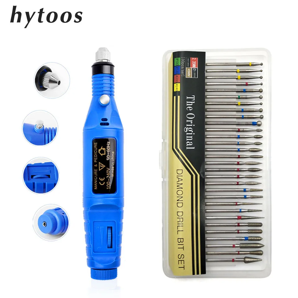 

HYTOOS 1Set Electric Nail Drill Machine 30Pcs Nail Drill Bits Mills Kit Pro Manicure Machine Pen Pedicure Nail File Nail Tools