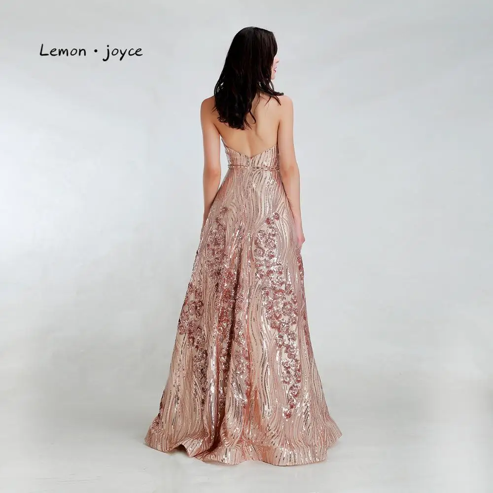 Lemon joyce Formal Gold Evening Dresses Long Sexy V-neck Backless Sequined A-line Prom Party Gowns Plus Size