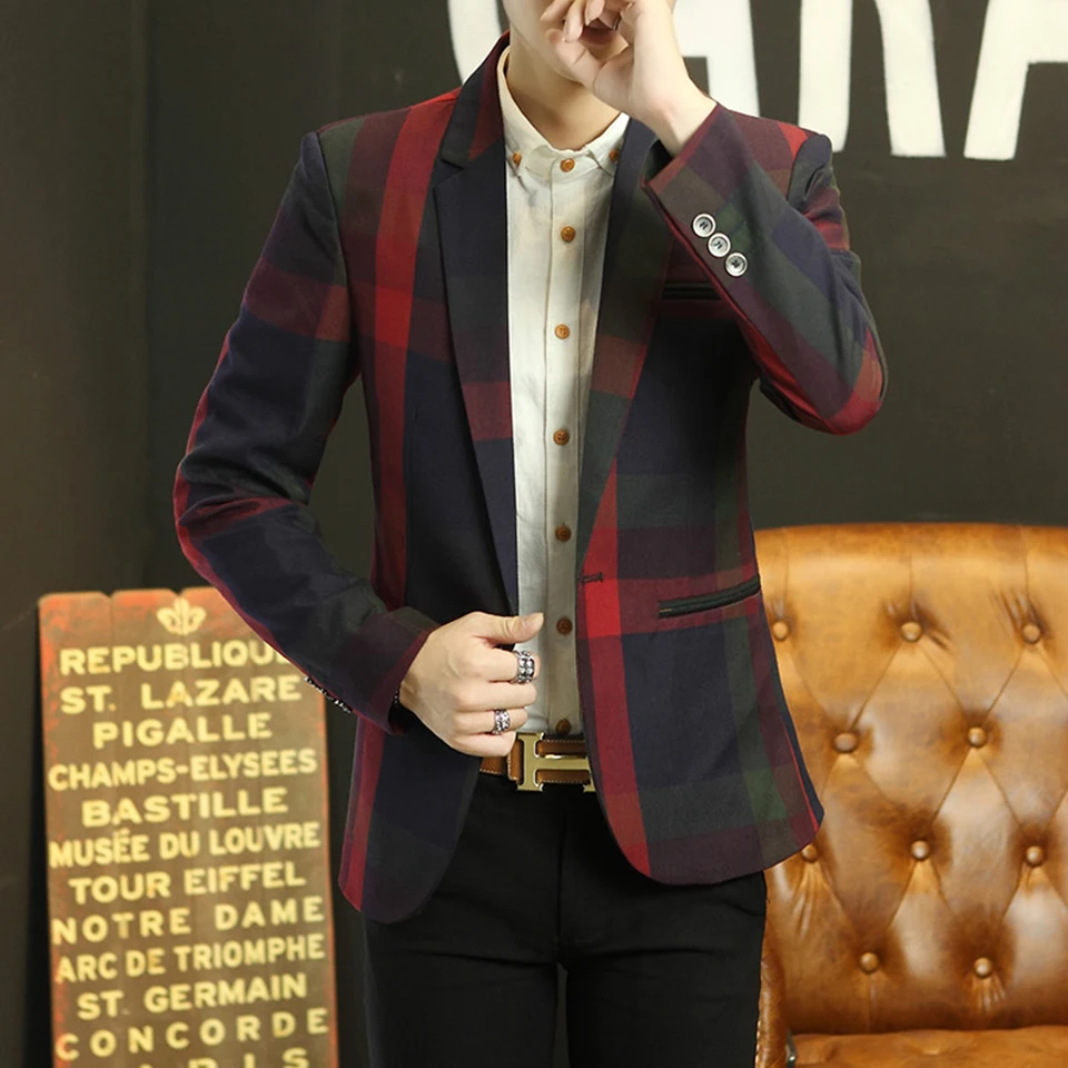 

2017 New Style Mens Blazer Jacket Printed Plaid Suits Fashion Long Sleeve One Button Slin Fit Leisure Men Dress Blazers