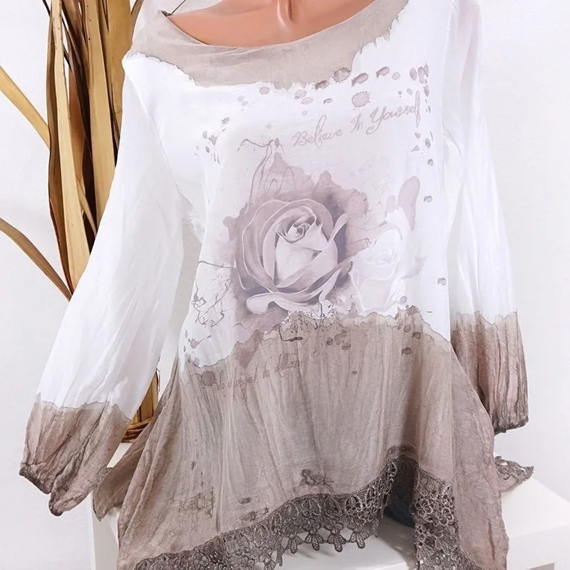  2019 autumn new large size Women's Blouse casual round neck long-sleeved shirt printing loose hollo